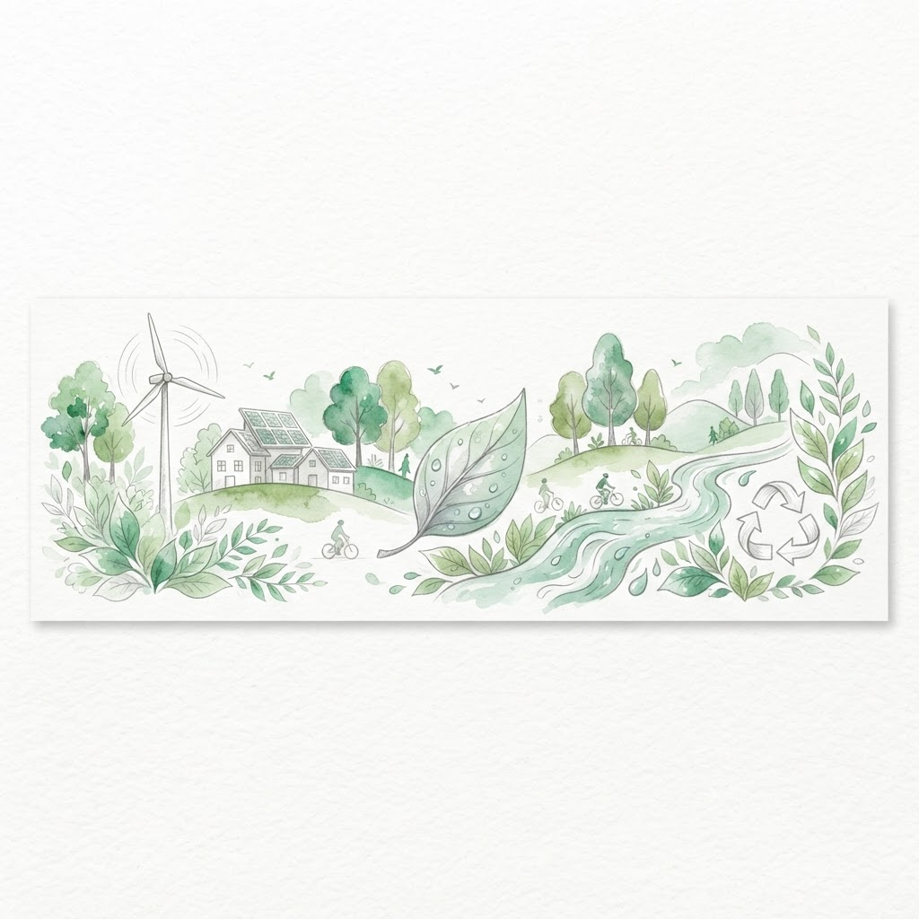 Ilustrace životního prostředí — stromy, solární panely a větrná turbína