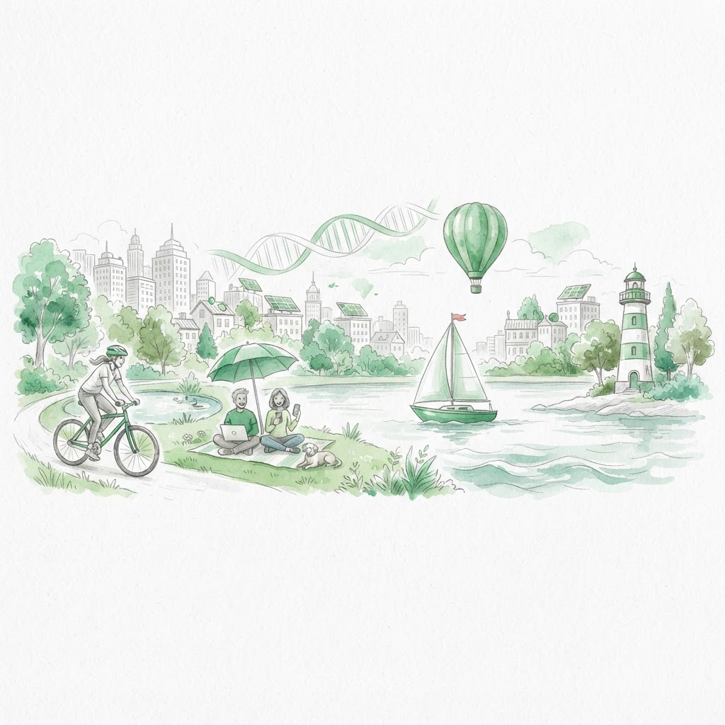 Ilustrace udržitelného města — cyklista, lidé v parku, plachetnice a maják